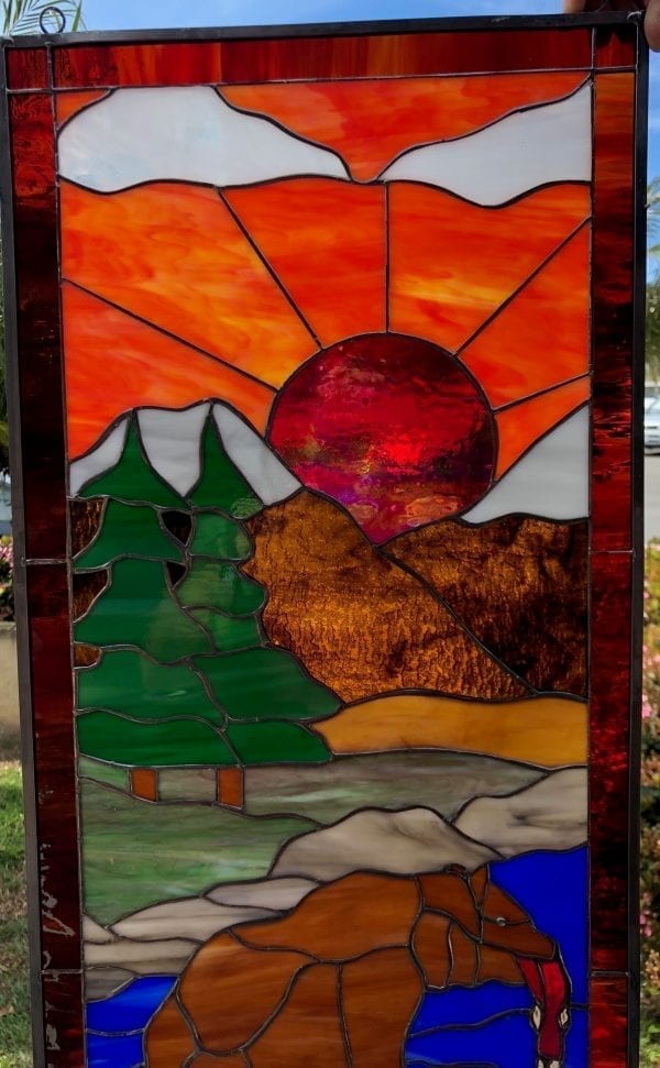 Bear, Sunset, River and Salmon Leaded Stained Glass Window Panel