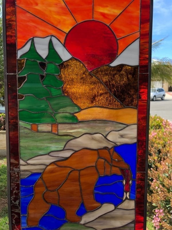 Bear, Sunset, River and Salmon Leaded Stained Glass Window Panel