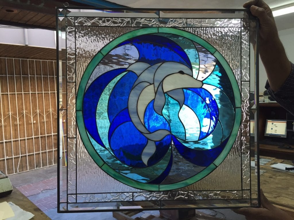 The "Blue Dolphin" Leaded Stained Glass Window Panel