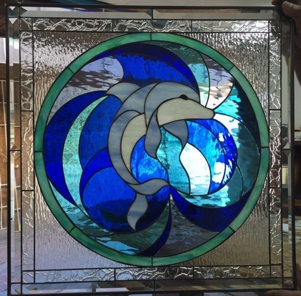 The "Blue Dolphin" Leaded Stained Glass Window Panel