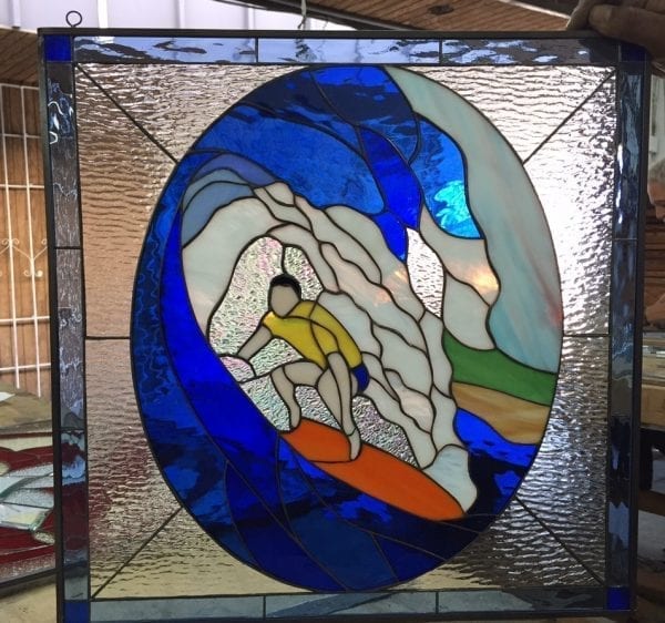 Awesome! "Blue Room" Leaded Stained Glass Surfer Panel