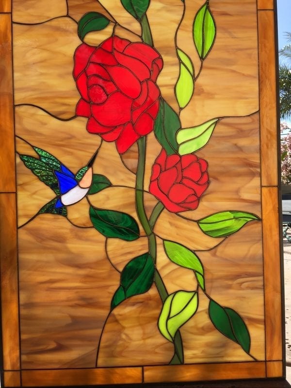Elegant ! Hummingbird & Red Roses Leaded Stained Glass Window Panel