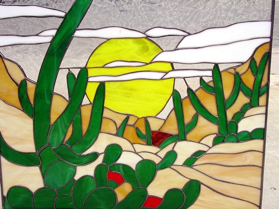 Nice Cactus and Desert Leaded Stained Glass Window Panel