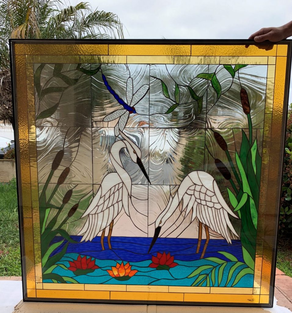 Exquisite Egret/Heron & Water Lily Stained Glass Window