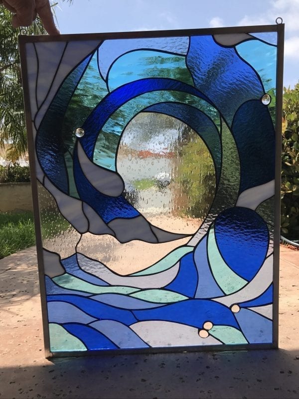 Incredible Cresting Ocean Wave Leaded Stained Glass Window Panel