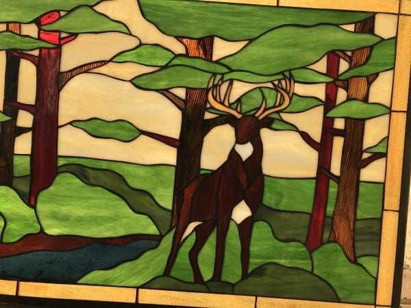 Deer/Buck In Forest Leaded Stained Glass Window Panel