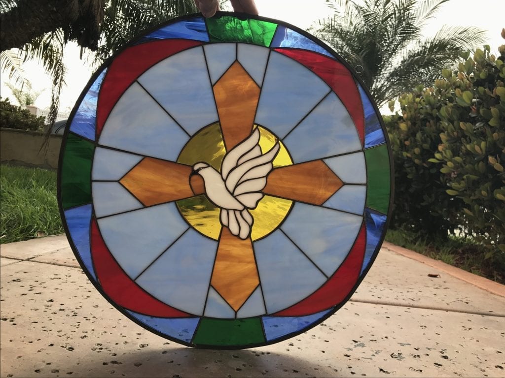 Colorful Cross & Dove Leaded Stained Glass Window Panel