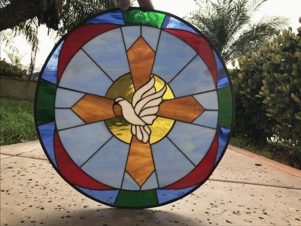 Colorful Cross & Dove Leaded Stained Glass Window Panel