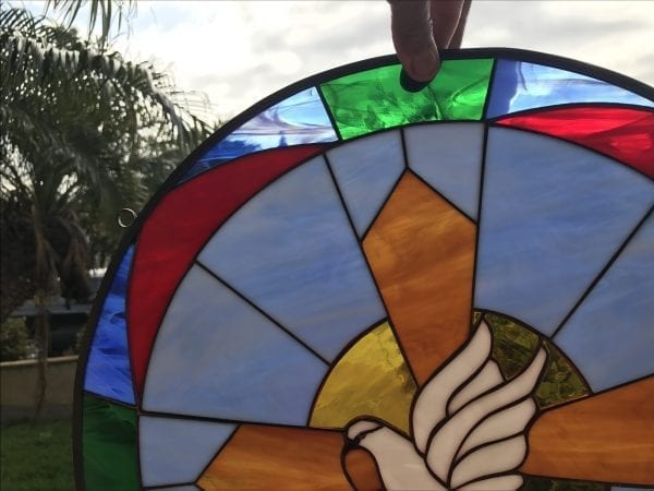 Colorful Cross & Dove Leaded Stained Glass Window Panel