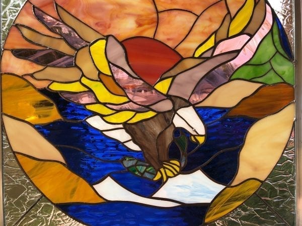 The "Montana Sunset, Eagle & Lake" Stained Glass Window Panel