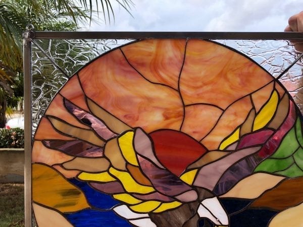 The "Montana Sunset, Eagle & Lake" Stained Glass Window Panel