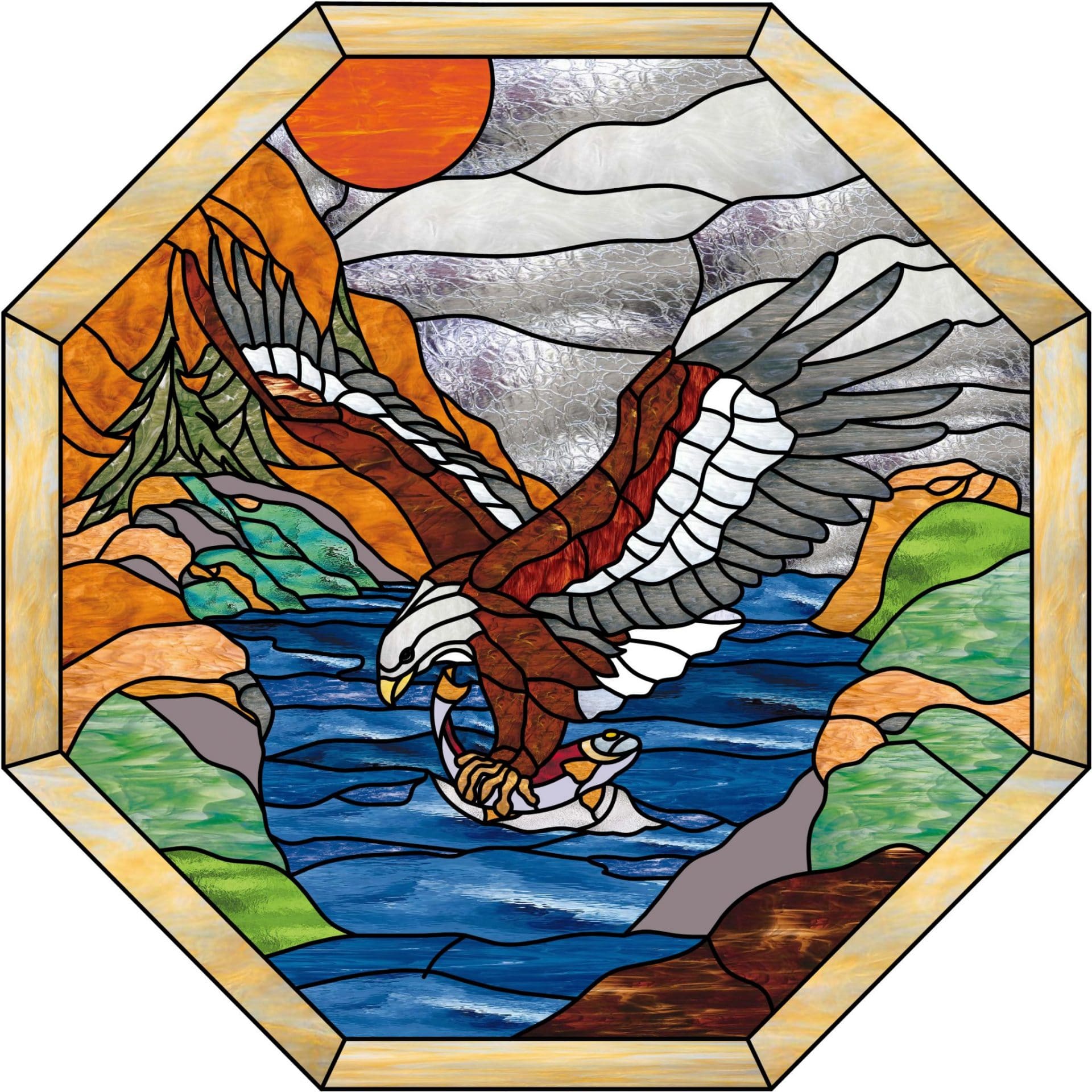 So Nice!!! Alaskan Eagle, Lake and Pine Trees At Sunset Leaded Stained