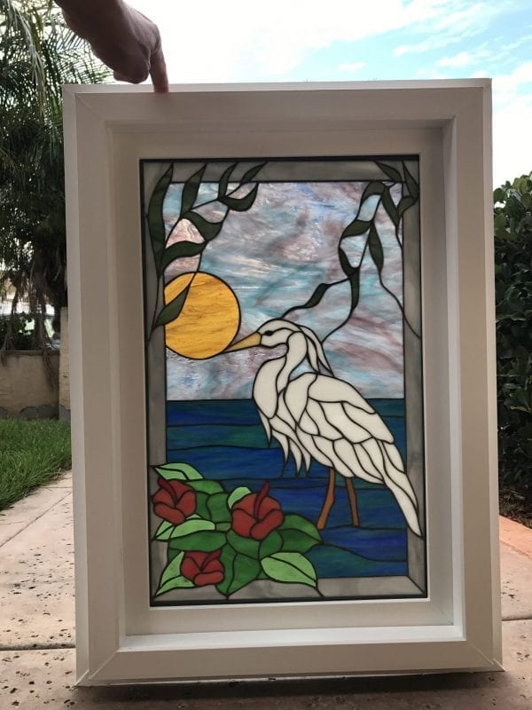 Framed & Insulated! Egret & Hibiscus Leaded Stained Glass Vinyl Window
