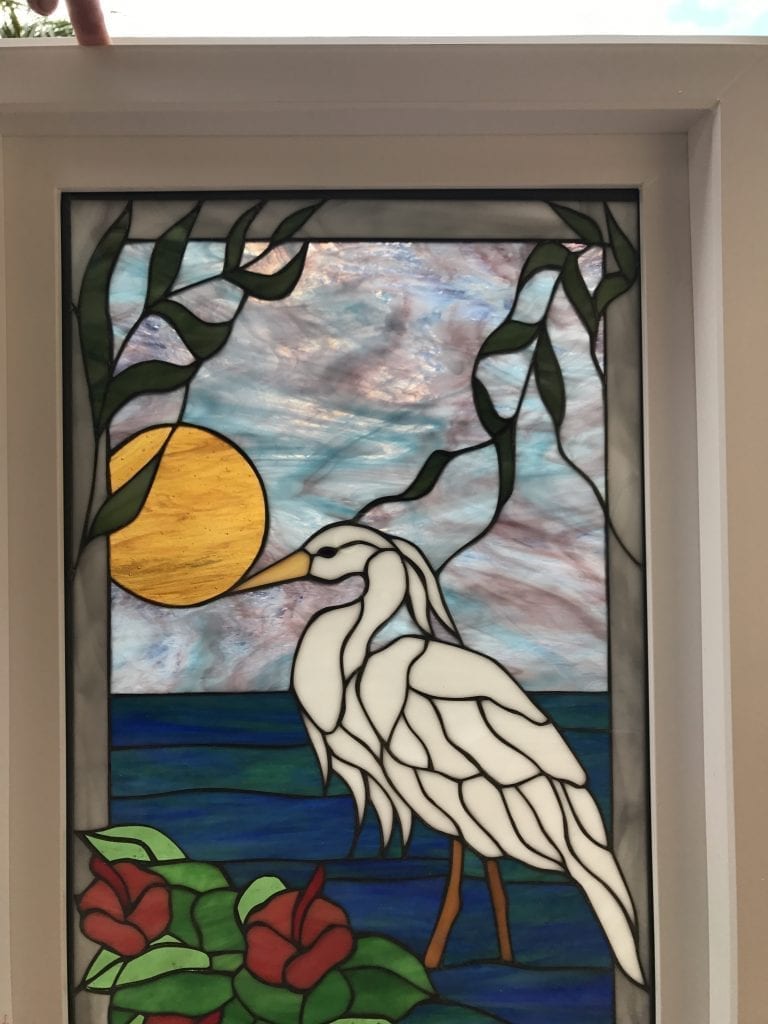 Framed & Insulated! Egret & Hibiscus Leaded Stained Glass Vinyl Window