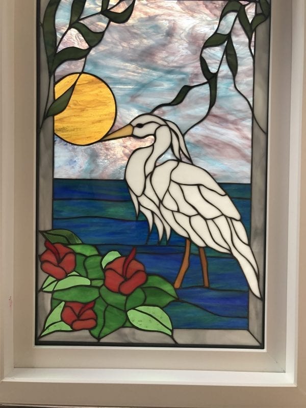 Framed & Insulated! Egret & Hibiscus Leaded Stained Glass Vinyl Window