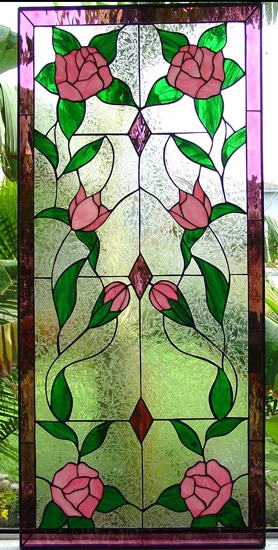 Mirrored Rose Vine Leaded Stained Glass Window Panel