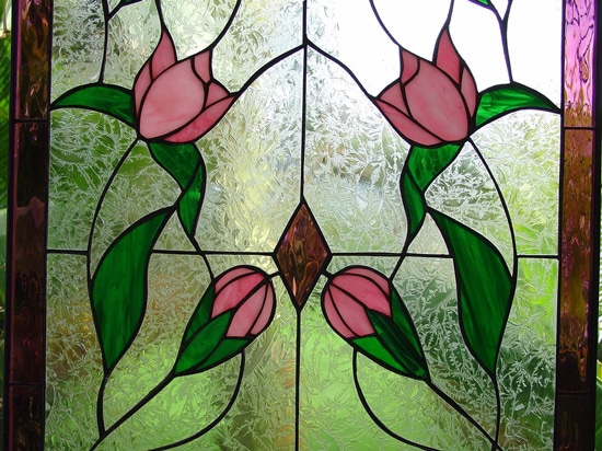 Mirrored Rose Vine Leaded Stained Glass Window Panel