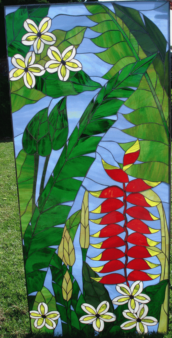 Heavenly Helaconia, Plumeria & Palm Leaf Stained Glass Window
