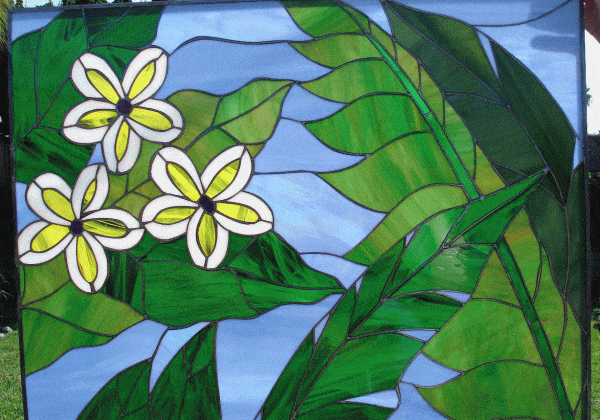 Heavenly Helaconia, Plumeria & Palm Leaf Stained Glass Window
