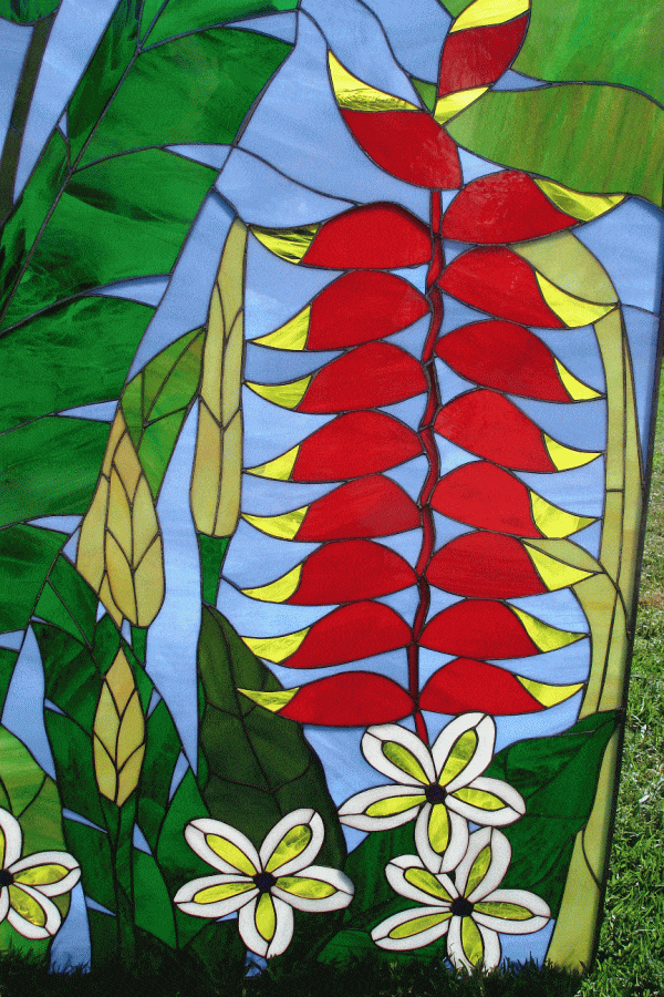 Heavenly Helaconia, Plumeria & Palm Leaf Stained Glass Window