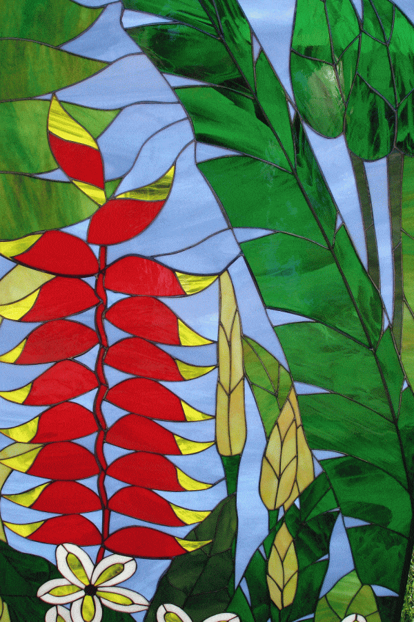 Heavenly Helaconia, Plumeria & Palm Leaf Stained Glass Window