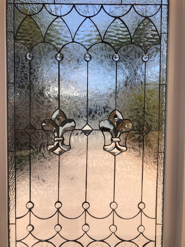 Vinyl framed & Insulated! The “Wildomar” Fleur de lis Leaded Stained Window Glass Window