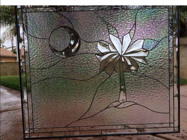 Wow! Palm Tree & Moon / South Carolina Flag Iridescent Clear textured stained beveled & Leaded glass window