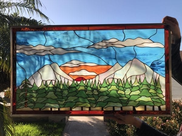 The "Green Forest & Sunset Kissed Sky" Leaded Stained Glass Window Panel