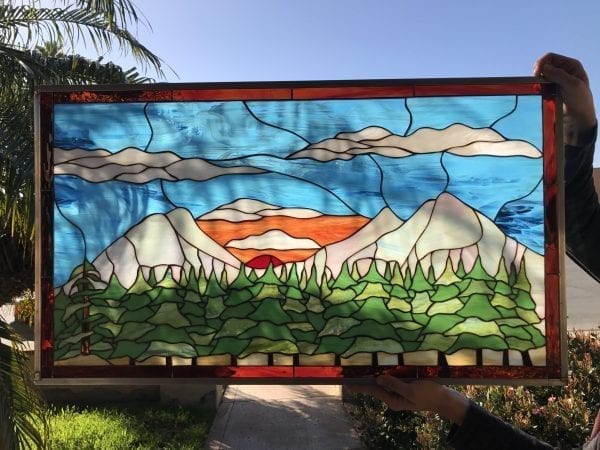 The "Green Forest & Sunset Kissed Sky" Leaded Stained Glass Window Panel