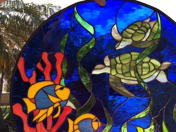 All original! Turtles & Coral Stained Leaded Glass Leaded Window Panel