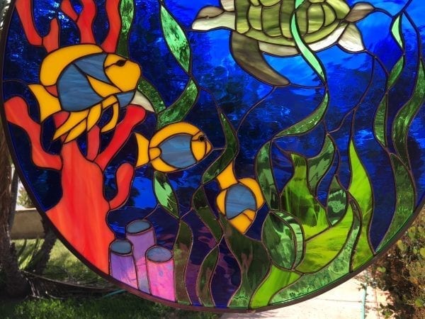 All original! Turtles & Coral Stained Leaded Glass Leaded Window Panel