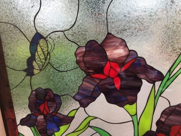 Vinyl Framed, Insulated, and install Ready! Magnificent Butterfly & Iris Leaded Stained Glass Window