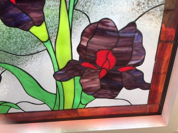 Vinyl Framed, Insulated, and install Ready! Magnificent Butterfly & Iris Leaded Stained Glass Window