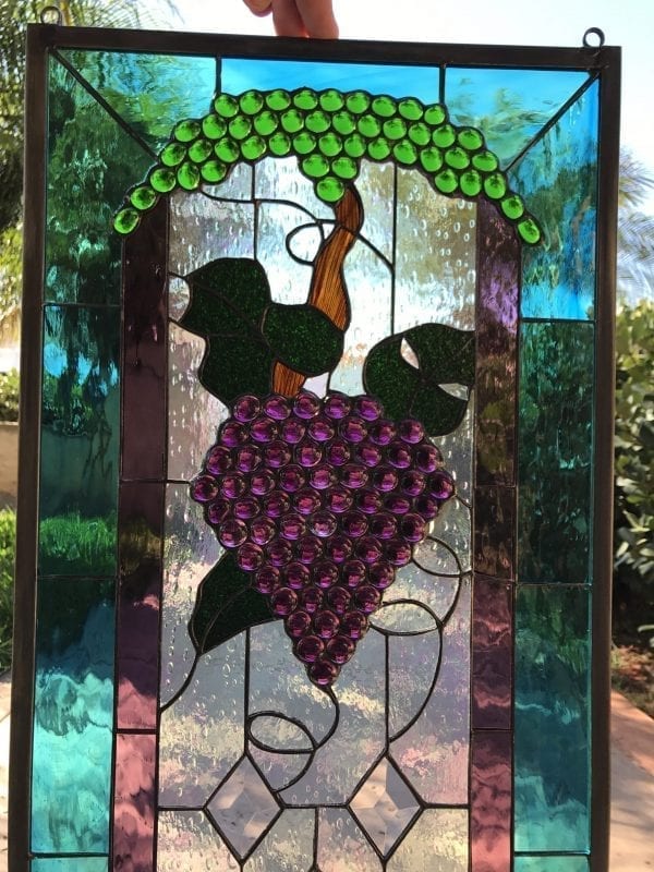 Cheers! Wine Bottle, Diamonds & Grapes Leaded Stained Glass Window Panel