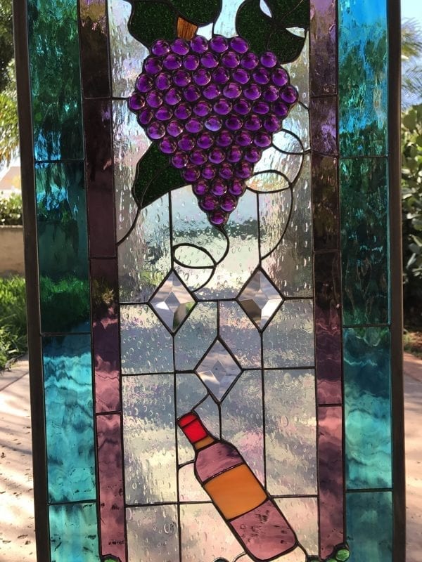 Cheers! Wine Bottle, Diamonds & Grapes Leaded Stained Glass Window Panel