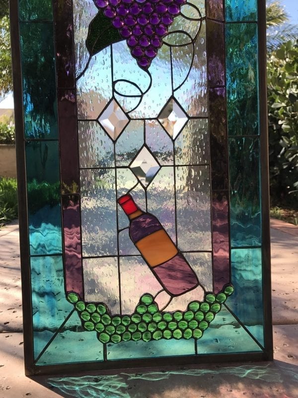 Cheers! Wine Bottle, Diamonds & Grapes Leaded Stained Glass Window Panel
