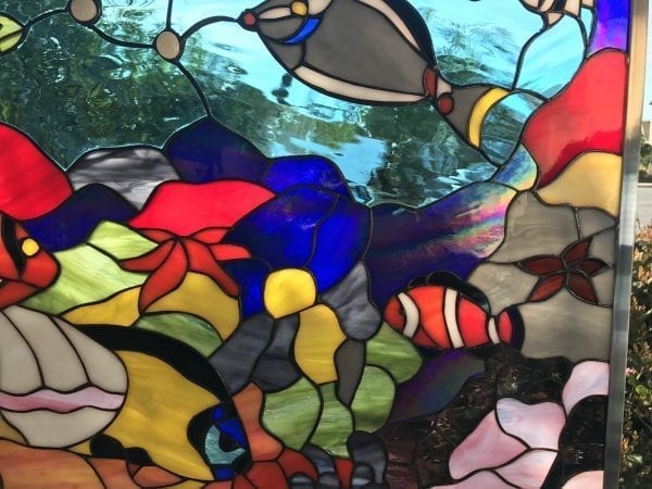 The "Fishtank" Colorful Sea Coral, Clownfish & Turtle Leaded Stained Glass Window Panel