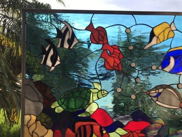 The "Fishtank" Colorful Sea Coral, Clownfish & Turtle Leaded Stained Glass Window Panel