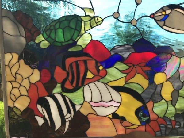 The "Fishtank" Colorful Sea Coral, Clownfish & Turtle Leaded Stained Glass Window Panel