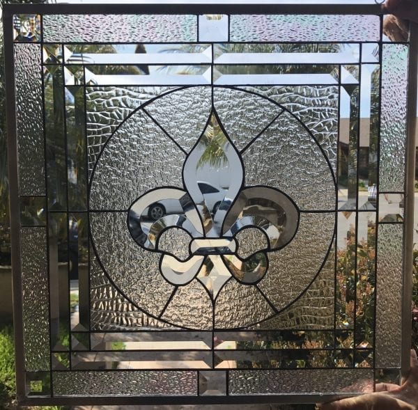 The ”Galway” Classic Fleur De Lis Stained Glass Window Insert Or Cabinet Insert