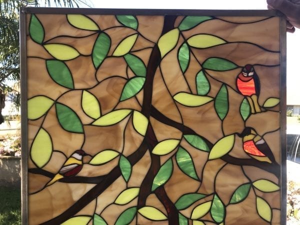 Gorgeous!! Leaded Stained Glass Magnolia Leaves & Birds Window Panel