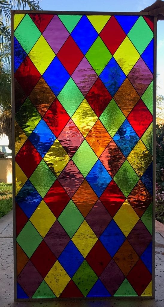 Traditional Harlequin Colored Diamonds Stained Leaded Glass Window Panel