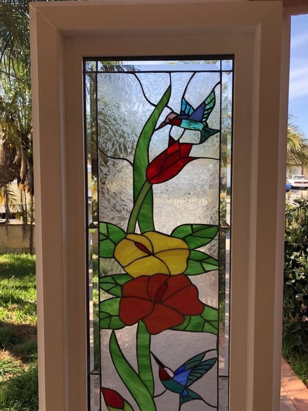 Vinyl Framed and Tempered Glass Insulated!! The "Hummingbird Garden Sidelite" Stained Glass Window