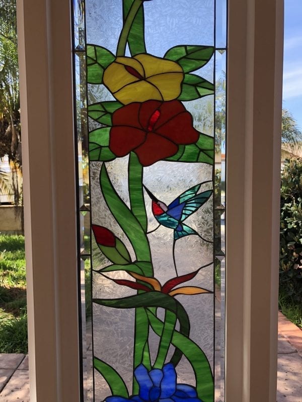 Vinyl Framed and Tempered Glass Insulated!! The "Hummingbird Garden Sidelite" Stained Glass Window