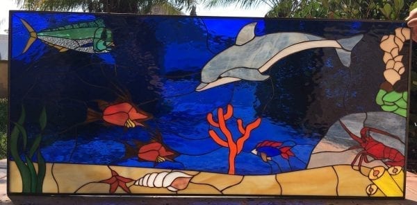 Lobster, Mahi, Hogfish and Leaded Dolphin Stained Glass Panel