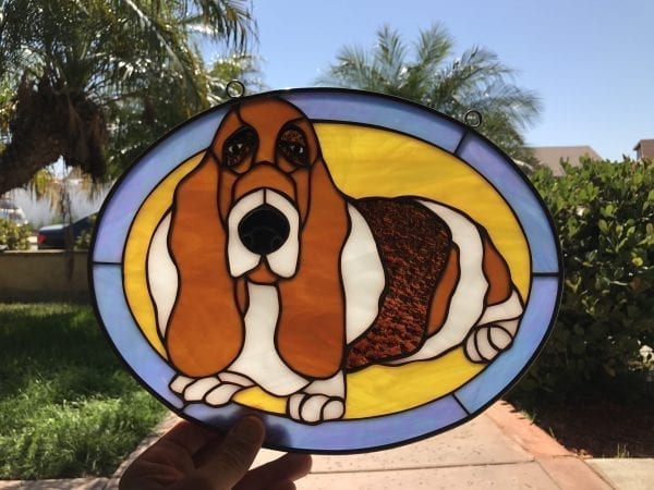 Basset Hound Leaded Stained Glass Window Panel