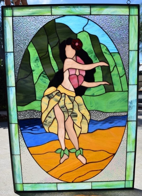 Hawaiian Hula Dancer Leaded Stained Glass Window Panel