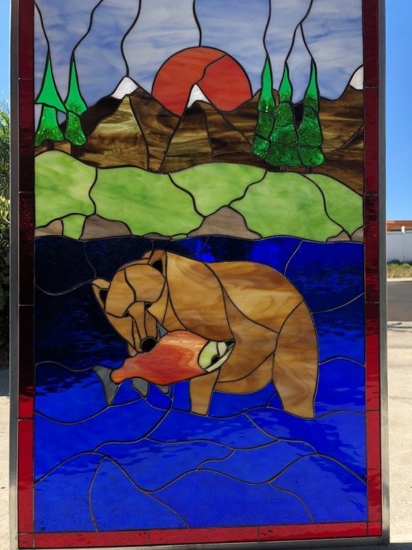 All Original! Bear Catching A Humpy Salmon In Alaska Stained Glass Window Panel