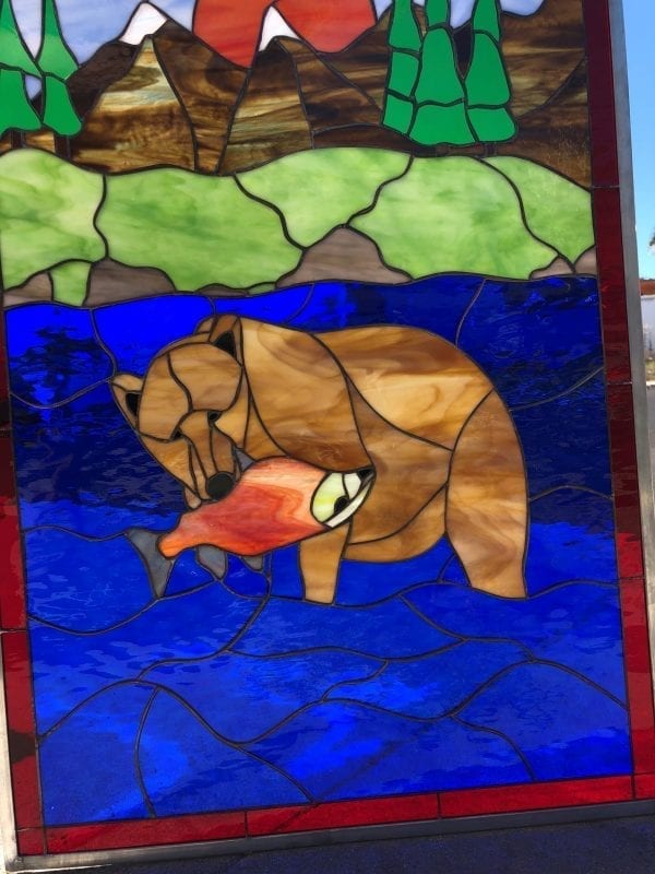 All Original! Bear Catching A Humpy Salmon In Alaska Stained Glass Window Panel