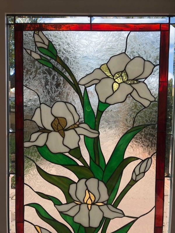 Lovely Iris Leaded Stained Glass Window ( Insulated and pre-installed in vinyl frame)